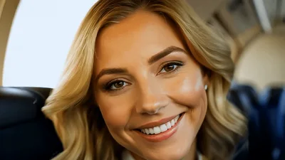 Smiling Flight Attendant Looking At Camera In Airplane Cabin