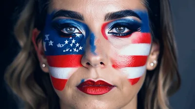 Woman With American Flag Face Paint Opening Eyes