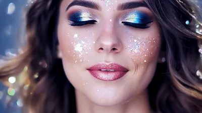 Beautiful Woman With Glitter Makeup Smiling At Camera