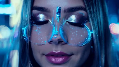 Futuristic Woman Wearing Digital Augmented Reality Glasses