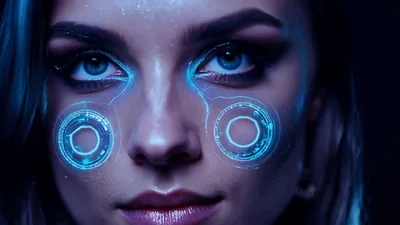 Cybernetic Woman With Glowing Digital Facial Interface