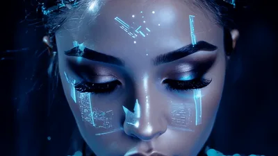 Futuristic Cyborg Woman With Digital Holographic Interface