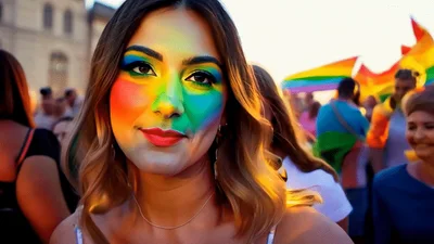 Young Woman With Rainbow Face Paint Smiling At Pride Parade