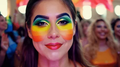 Young Woman With Rainbow Makeup Smiling At Pride Parade