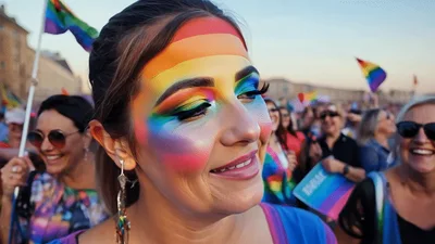 Woman With Rainbow Face Paint Celebrating At Pride Parade