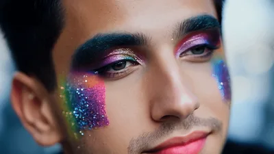 Young Man With Artistic Rainbow Glitter Makeup
