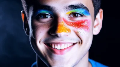 Young Man With Rainbow Face Paint Smiling At Camera