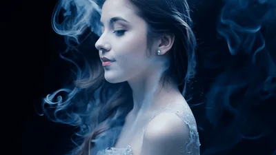 Beautiful Woman Surrounded By Ethereal Blue Smoke