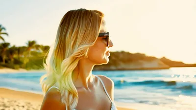 Blonde Woman Wearing Sunglasses Enjoying Sunset On Beach