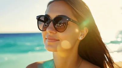Beautiful Woman Wearing Sunglasses Smiling On Tropical Beach