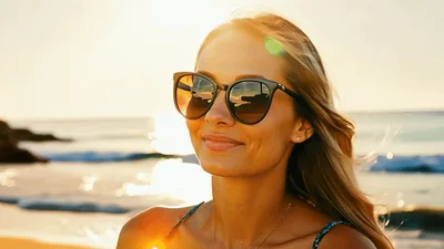Beautiful Blonde Woman Wearing Sunglasses On Sunny Beach