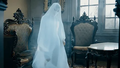 Ghostly Woman In White Veil Walking Through Antique Room