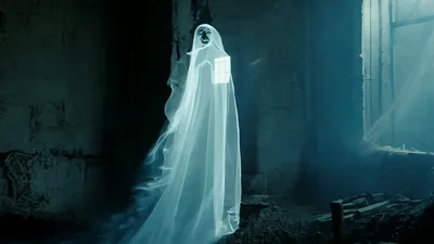 Ghostly Figure Floating Through A Dark Abandoned Building