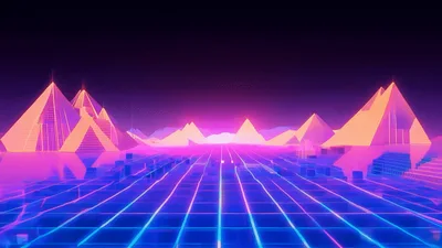 Retro Synthwave Landscape With Glowing Pyramids And Grid