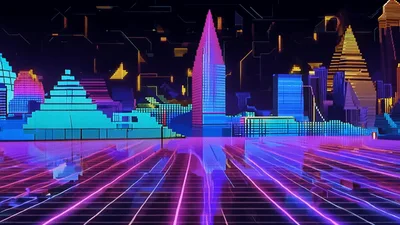 Retro Synthwave Cityscape With Glowing Neon Buildings