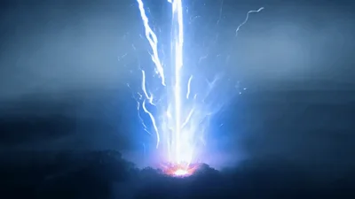 Powerful Blue Lightning Strike In Dark Misty Landscape