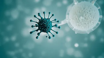 Coronavirus Particle Floating Near A White Blood Cell