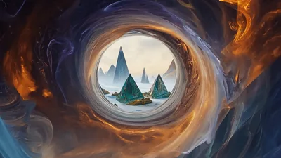 Abstract Cosmic Portal Tunnel With Floating Crystal Mountains