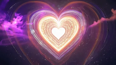 Glowing Golden Heart Tunnel With Purple Nebula Background