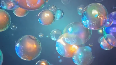 Iridescent Soap Bubbles Floating In Dark Blue Space