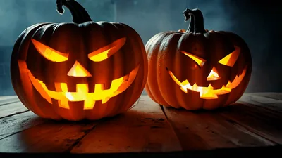 Two Glowing Jack O Lanterns On Wooden Table