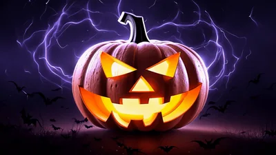 Glowing Jack O Lantern Pumpkin With Lightning Background