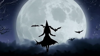 Witch Silhouette Flying In Front Of Full Moon