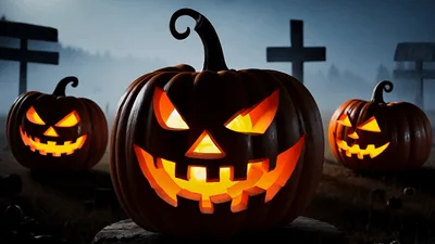 Three Glowing Jack O Lanterns In A Spooky Graveyard