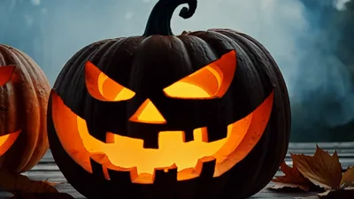 Two Glowing Jack O Lanterns On Wooden Surface
