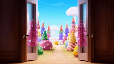 Double Doors Opening To A Magical Candy Land