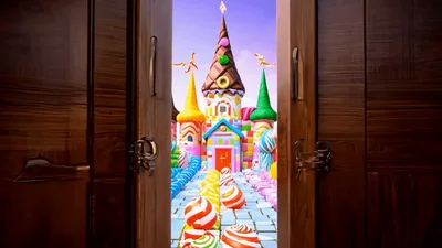 Wooden Doors Opening To Reveal A Magical Candy Kingdom