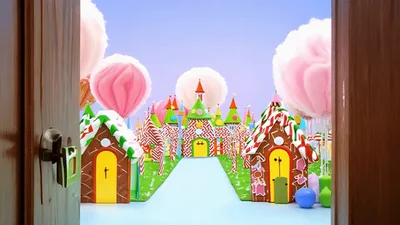 Wooden Doors Opening To Reveal A Magical Candy Land