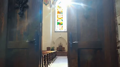 Old Wooden Church Doors Opening To Reveal Sanctuary
