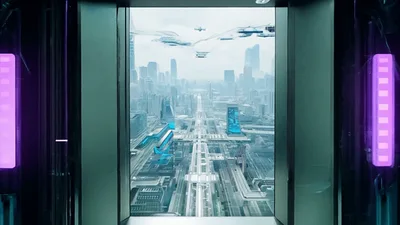 Futuristic Cityscape Revealed Through Opening Automated Sliding Doors