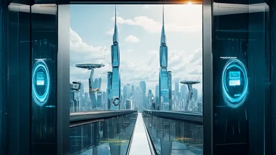 Futuristic Sliding Doors Opening To A High Tech City
