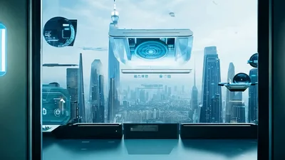 Futuristic Sliding Doors Opening To A Cyberpunk Cityscape