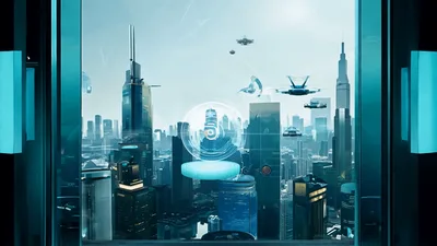 Futuristic Cityscape Revealed Through Opening Automatic Sliding Doors