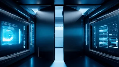 Futuristic Metal Doors Opening To A High Tech Laboratory