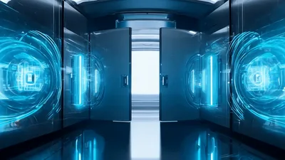 Futuristic Metallic Doors Opening To A Bright White Room