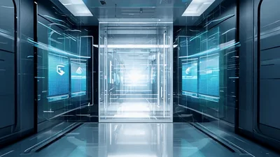 Futuristic Data Center Corridor With Holographic Interface Displays