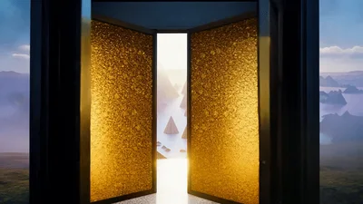 Wooden Door Opening To Reveal A Surreal Mountain Landscape