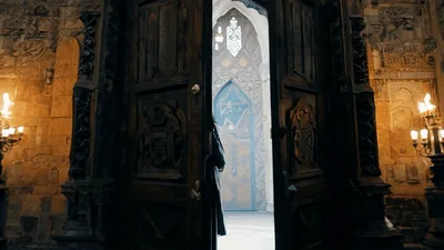 Ancient Wooden Doors Opening To Reveal A Mysterious Figure
