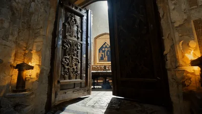 Ornate Wooden Church Doors Opening To Reveal Altar