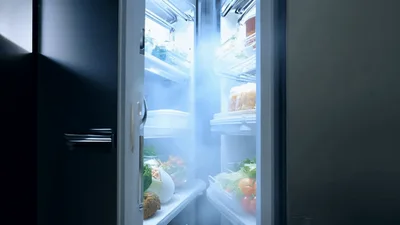 Modern Refrigerator Door Opening To Reveal Fresh Produce