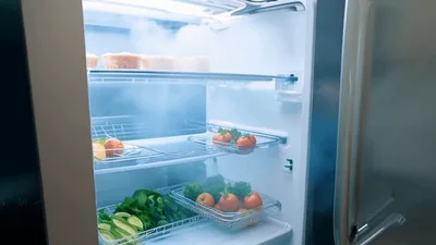 Modern Refrigerator Doors Opening To Reveal Fresh Produce