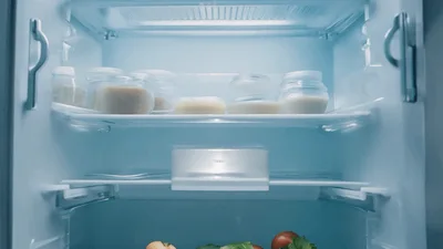 Opening Refrigerator Door Revealing Fresh Produce And Jars