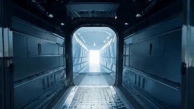 Futuristic Spaceship Airlock Doors Opening To Bright Interior