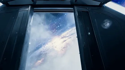 Automatic Sliding Doors Opening To Reveal A Cosmic Nebula