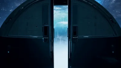 Futuristic Airlock Doors Opening To A Stormy Alien Planet