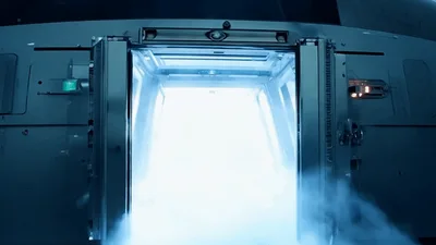 Futuristic Spaceship Airlock Door Opening Into Bright Corridor